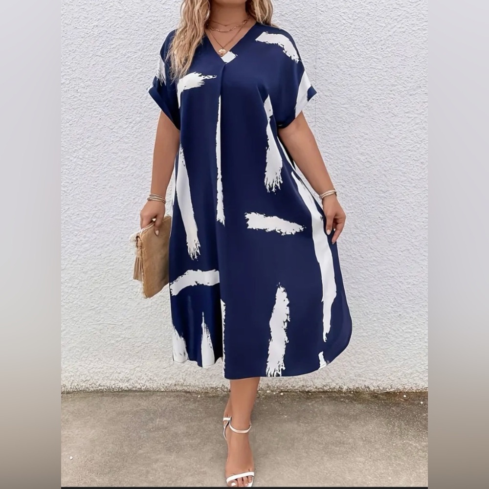 SHEIN Navy and White Brushstroke V-Neck Dress